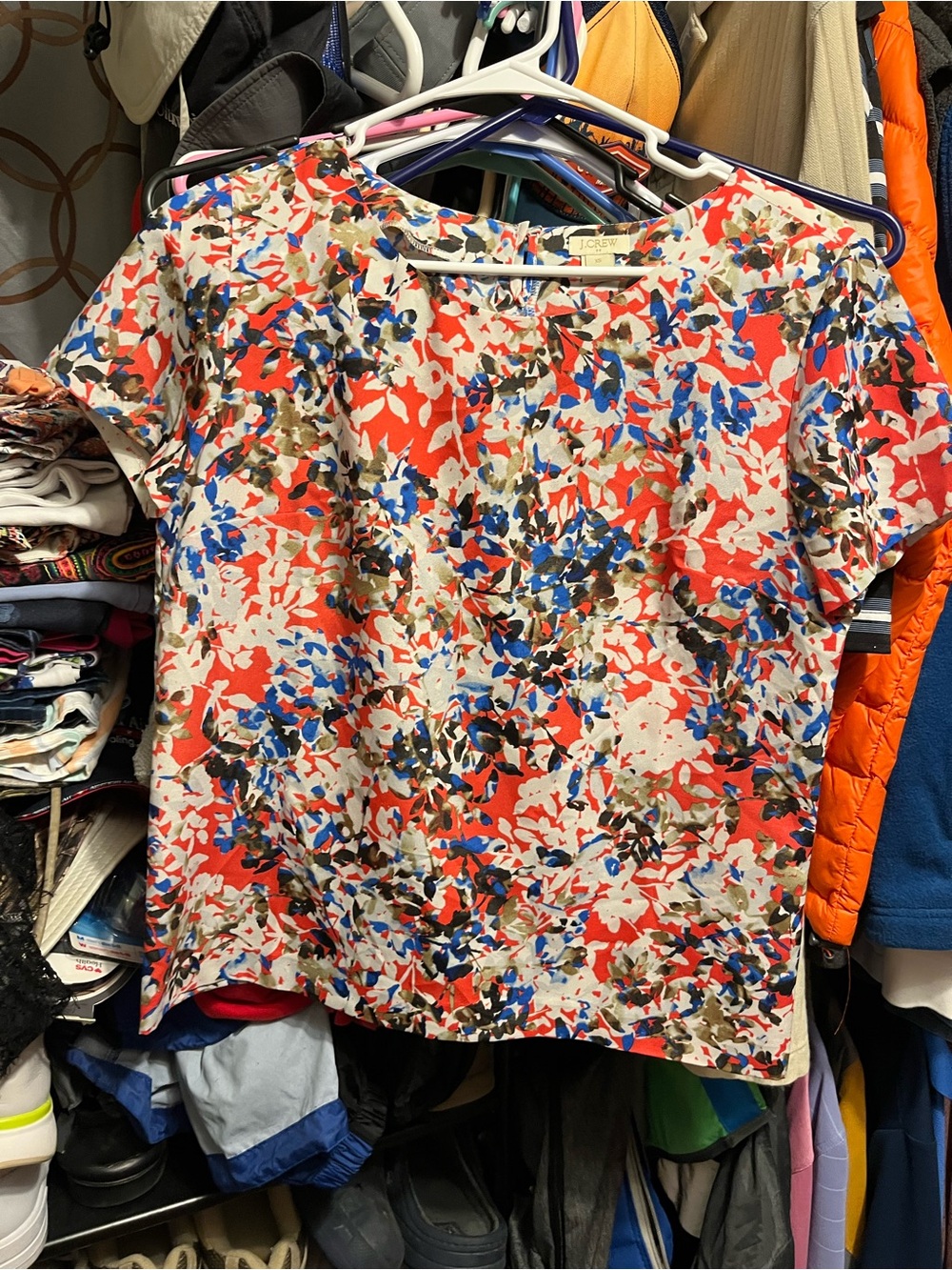 LOFT Coral Multi-Color Floral Short Sleeve Blouse